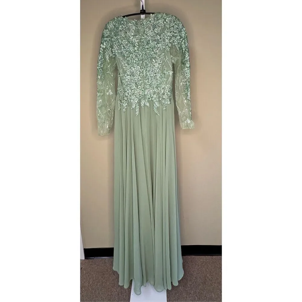 Mac Duggal Mint Green Lace Appliqué Long Sleeve Maxi Dress - Picture 2 of 6